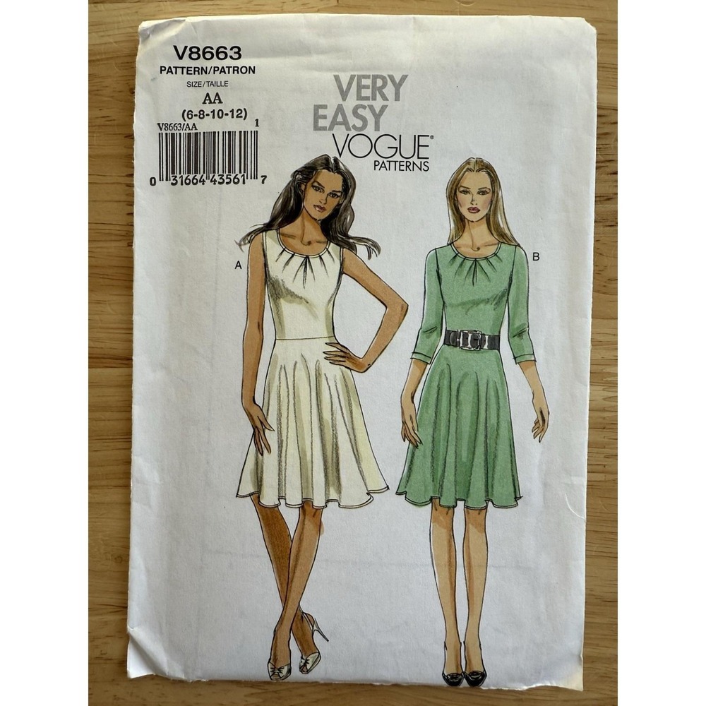 Vogue Easy Pattern 8663 Misses Fit & Flare Dress‎ w/Pleated Neckline Size 6-12